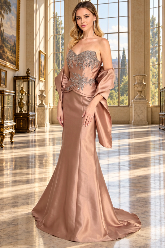 Vestido Corte Sirena, Escote Corazón, Corpiño Bordado y Pasmuna a Juego, Varios Colores