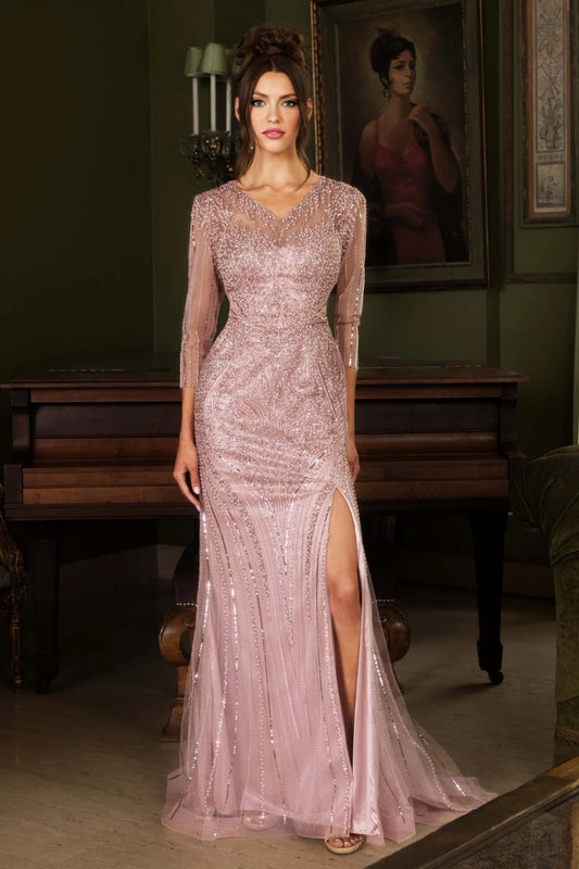 Vestido Ajustado, Cuello en V, Totalmente Bordado con Abertura en la Pierna, Varios Colores