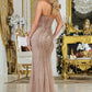 Vestido Corte Recto con Detalles de Brillos con Escote V Color Mocha Gold