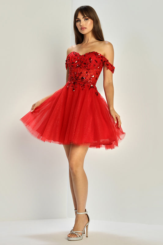 Vestido Corto falda de Tul brilloso y con detalles de lentejuela en el Busto (Varios Colores)