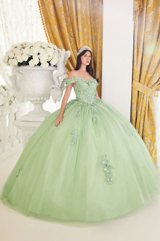 Vestido de Fiesta con Apliques Florales y Encaje con Hombros Descubiertos, Color Greenery