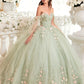 Vestido de Fiesta con Hombros Descubiertos con Apliques Florales con Mangas  Largas de Tul, Color Sage