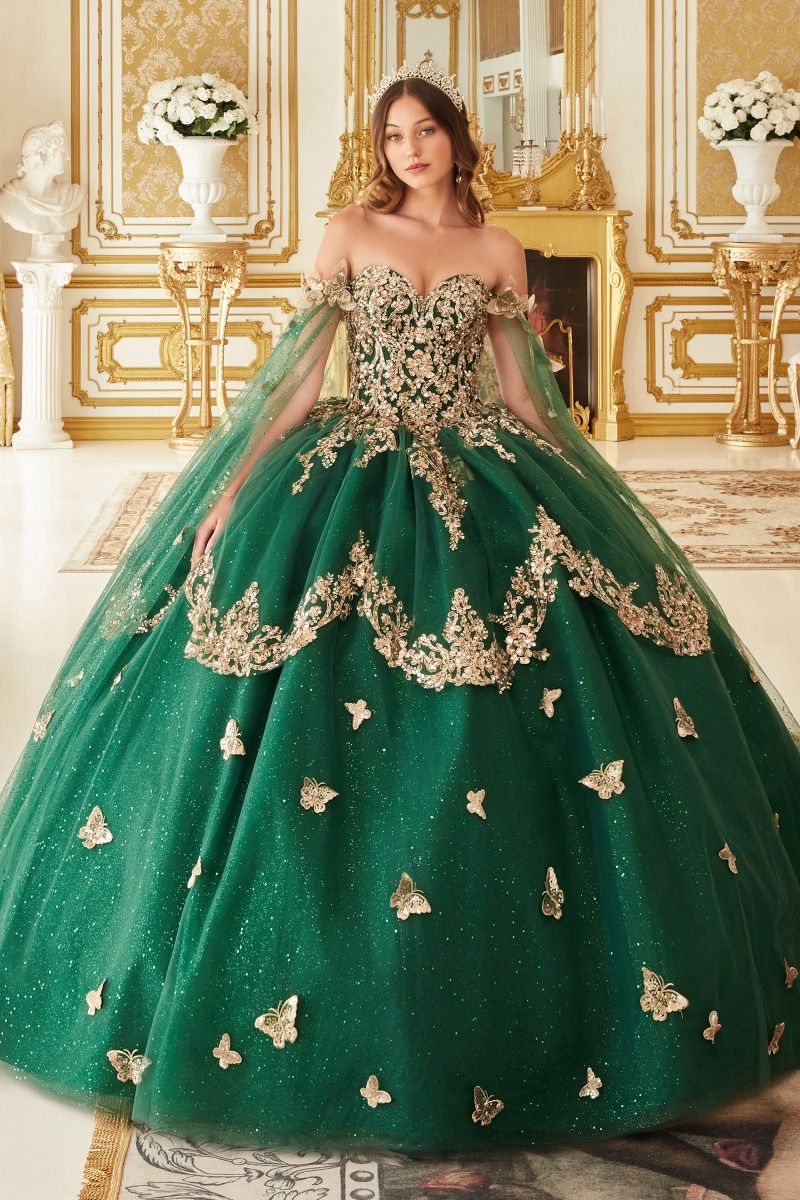 Vestido de Fiesta de Tul Brillante en Capas, con Intrincados Apliques de Encaje Floral, Color Emerald