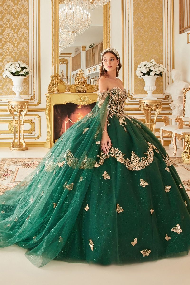 Vestido de Fiesta de Tul Brillante en Capas, con Intrincados Apliques de Encaje Floral, Color Emerald