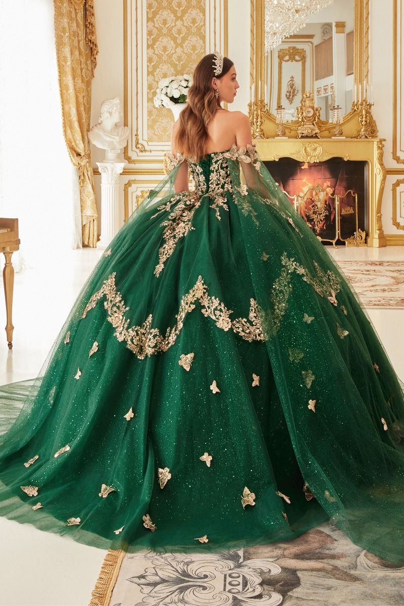 Vestido de Fiesta de Tul Brillante en Capas, con Intrincados Apliques de Encaje Floral, Color Emerald