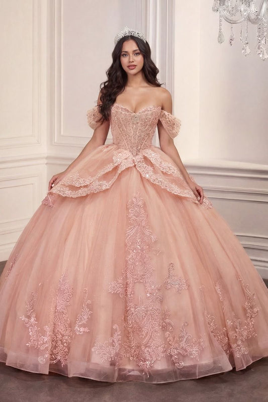 Vestido de Fiesta Escote Corazón, Cuerpo Tipo Corsé con Efecto Ilusión y Elaborados Bordados Florales y de Cristales, Mangas de Tul Caídas Sobre los Hombros, Colores Blush y Dusty Blue