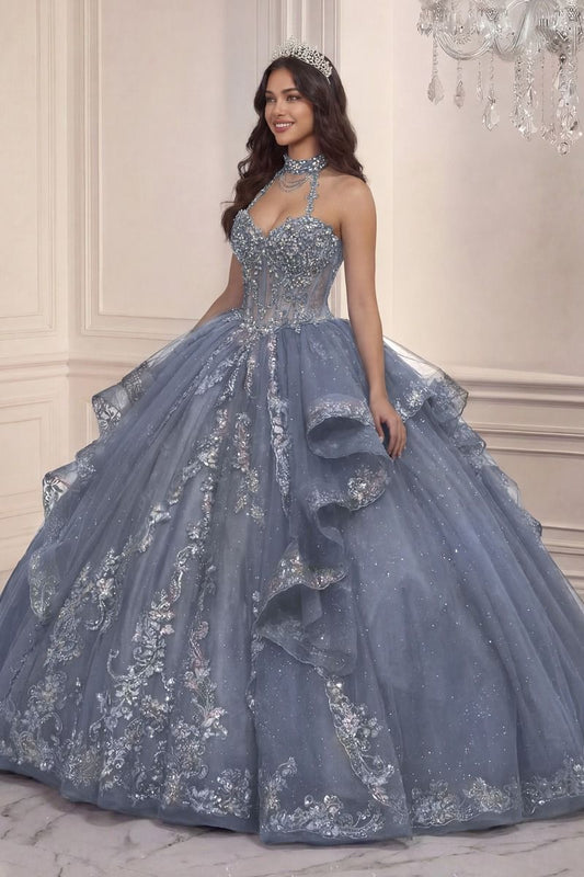 Vestido de Fiesta con Escote Corazón, Detalle de Gargantilla Adornada, Mangas Abullonadas con Hombros Descubiertos, Colores  Dusty Blue y Lilac