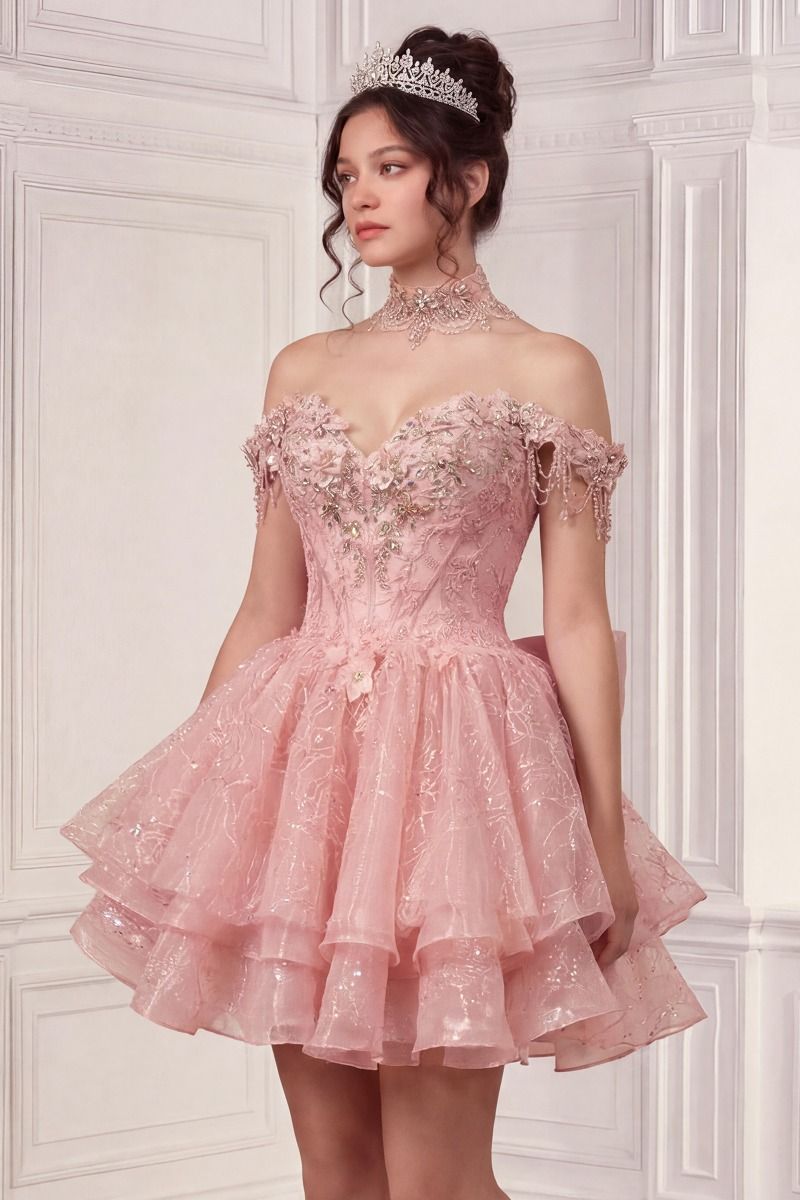 Vestido de Fiesta con Opción de Vestido Corto, de Mangas con Pedrería y Falda con Olanes, Color Lt Blue y Pink