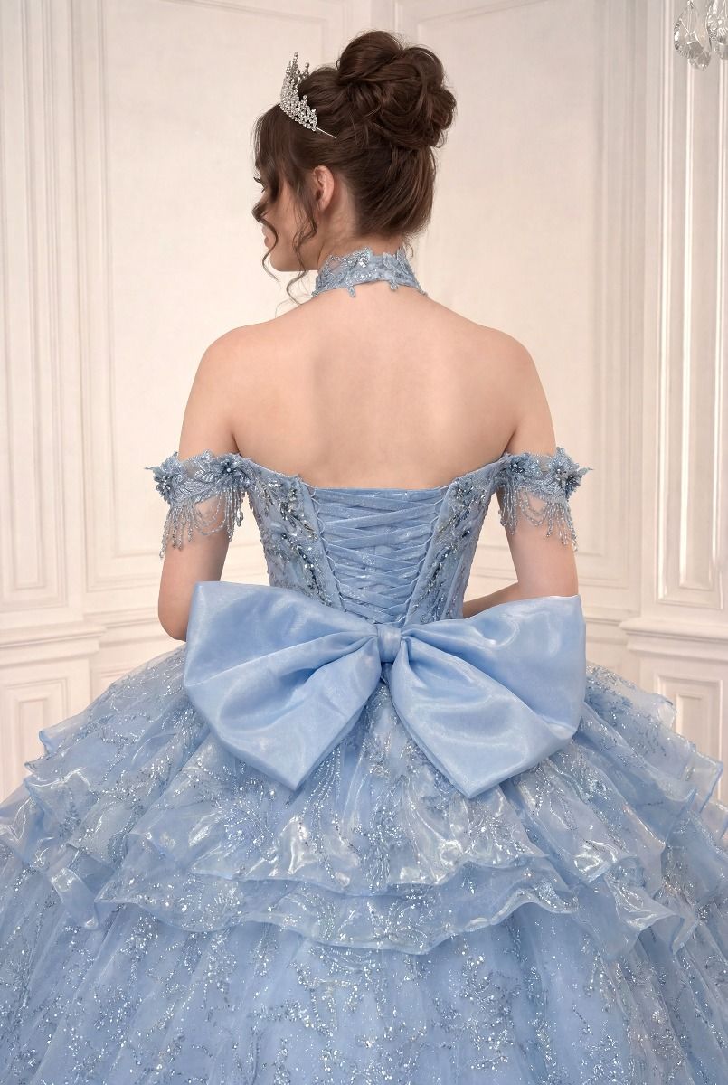 Vestido de Fiesta con Opción de Vestido Corto, de Mangas con Pedrería y Falda con Olanes, Color Lt Blue y Pink