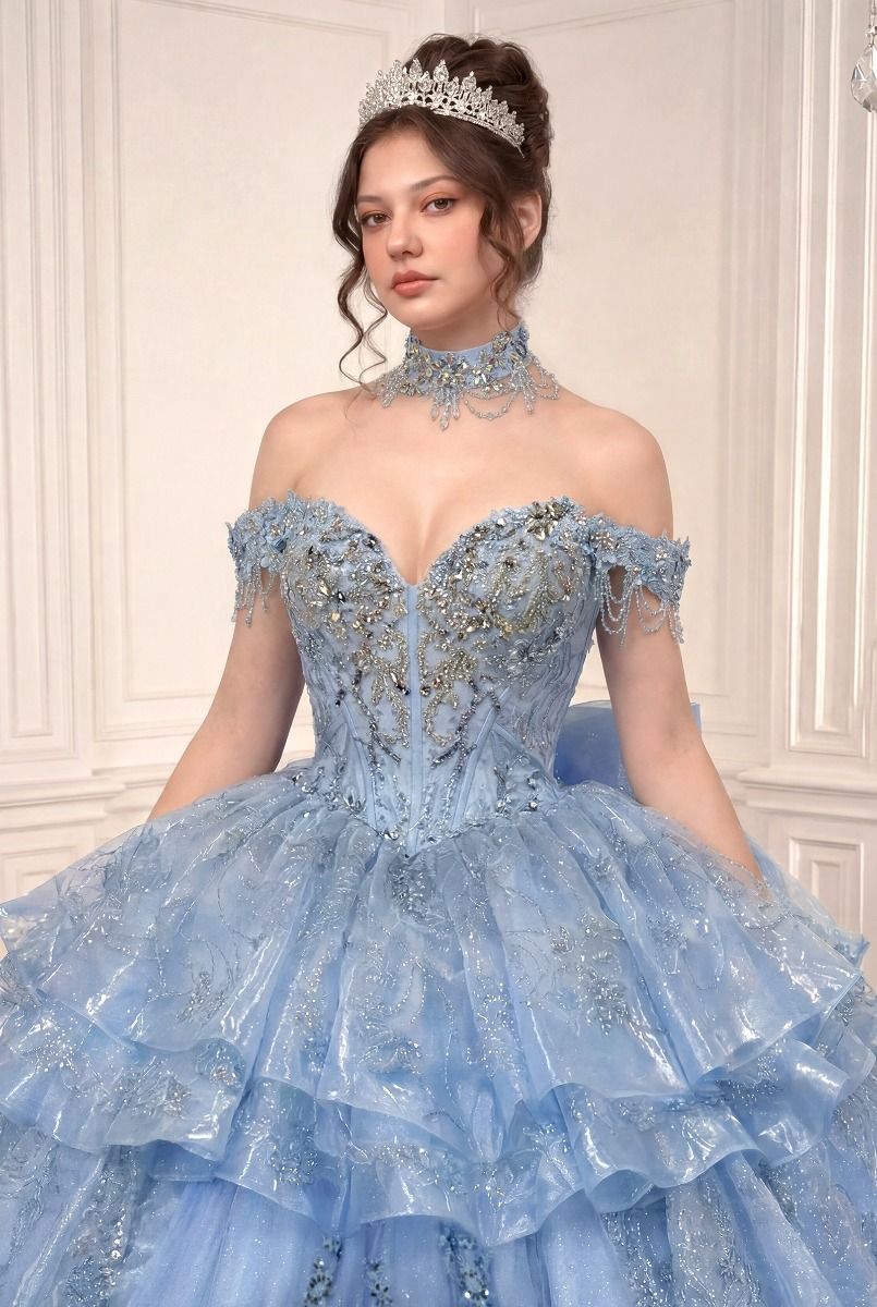 Vestido de Fiesta con Opción de Vestido Corto, de Mangas con Pedrería y Falda con Olanes, Color Lt Blue y Pink