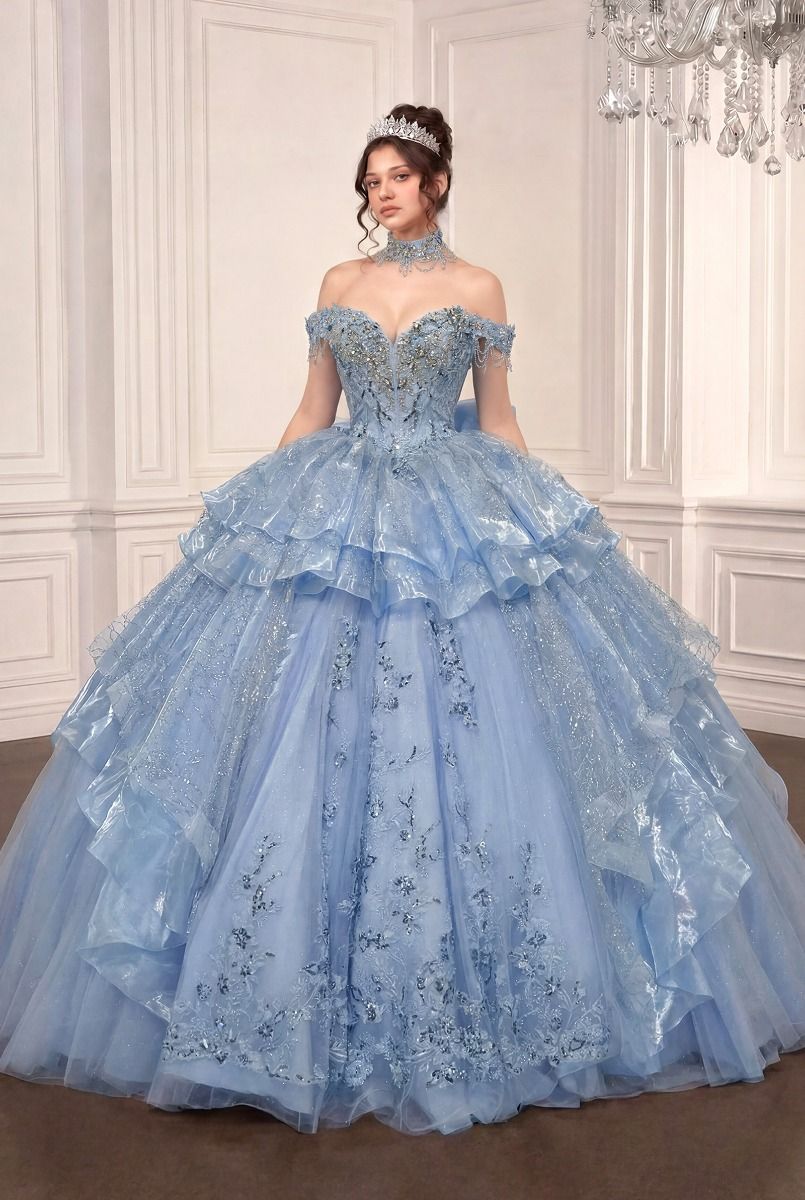 Vestido de Fiesta con Opción de Vestido Corto, de Mangas con Pedrería y Falda con Olanes, Color Lt Blue y Pink