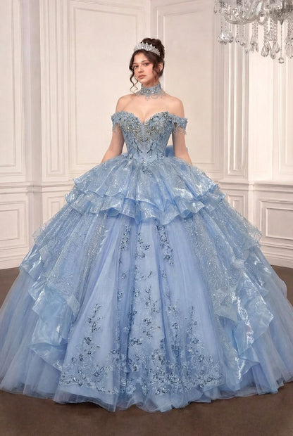 Vestido de Fiesta con Opción de Vestido Corto, de Mangas con Pedrería y Falda con Olanes, Color Lt Blue y Pink
