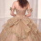 Vestido de Fiesta, Con Escote en V Bordado con Gargantilla a Juego , Hombros Descubiertos con Detalle de Olanes en la Falda, Color Mocha Gold