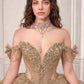 Vestido de Fiesta, Con Escote en V Bordado con Gargantilla a Juego , Hombros Descubiertos con Detalle de Olanes en la Falda, Color Mocha Gold