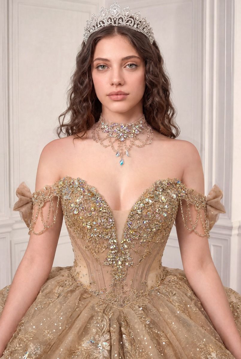 Vestido de Fiesta, Con Escote en V Bordado con Gargantilla a Juego , Hombros Descubiertos con Detalle de Olanes en la Falda, Color Mocha Gold