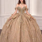 Vestido de Fiesta, Con Escote en V Bordado con Gargantilla a Juego , Hombros Descubiertos con Detalle de Olanes en la Falda, Color Mocha Gold