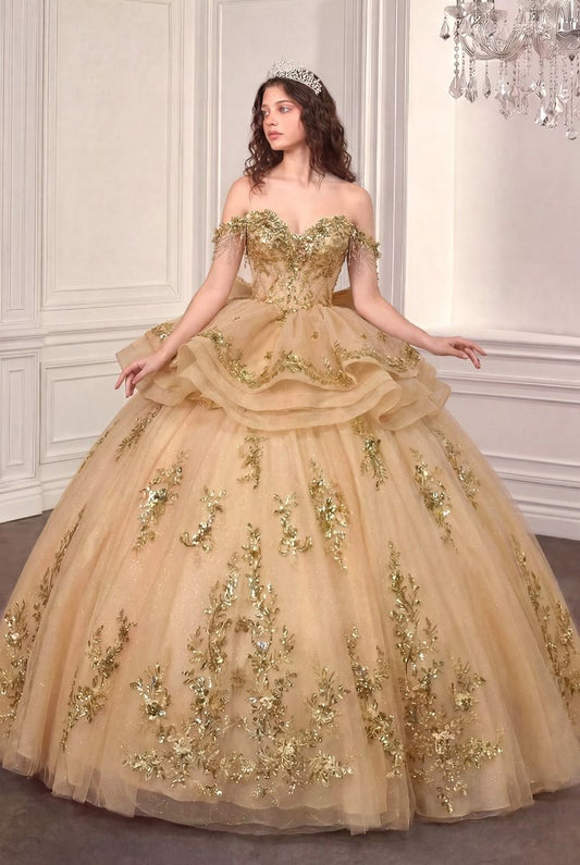 Vestido de Fiesta de Tul Bordado, Con Escote Corazón, Mangas Caídas, Color Champagne Gold