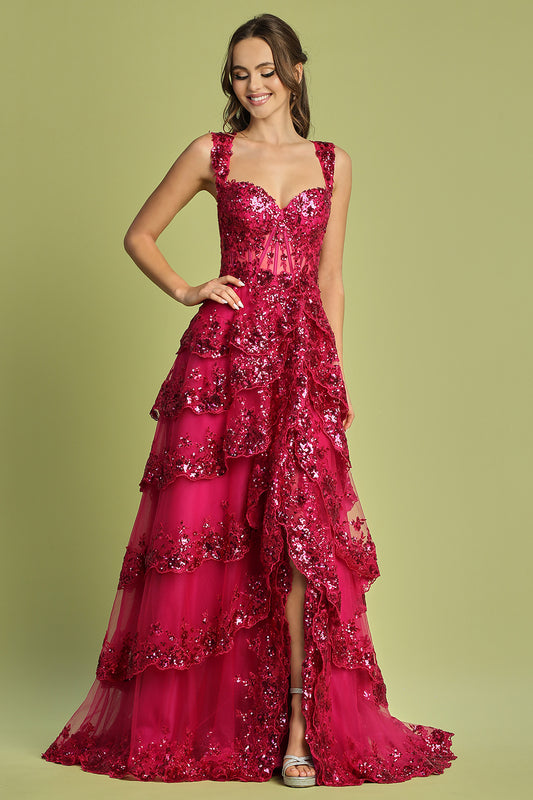 Vestido con Abertura y Encaje en Capas. (Vario Colores)