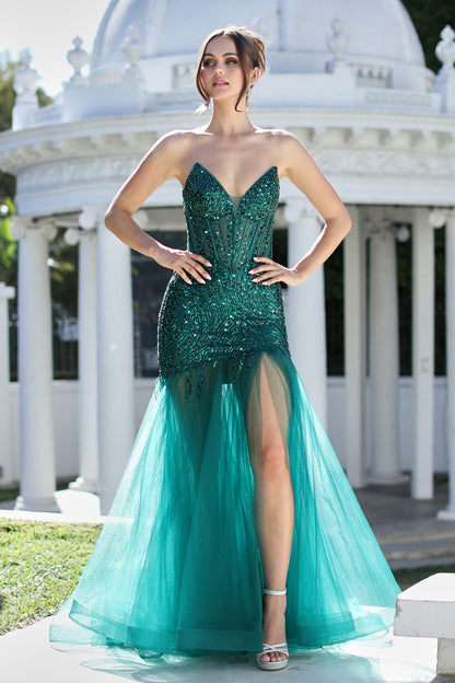 Vestido Corte Sirena con Lentejuelas, Largo de Tul con Abertura en la Pierna. (Varios Colores)