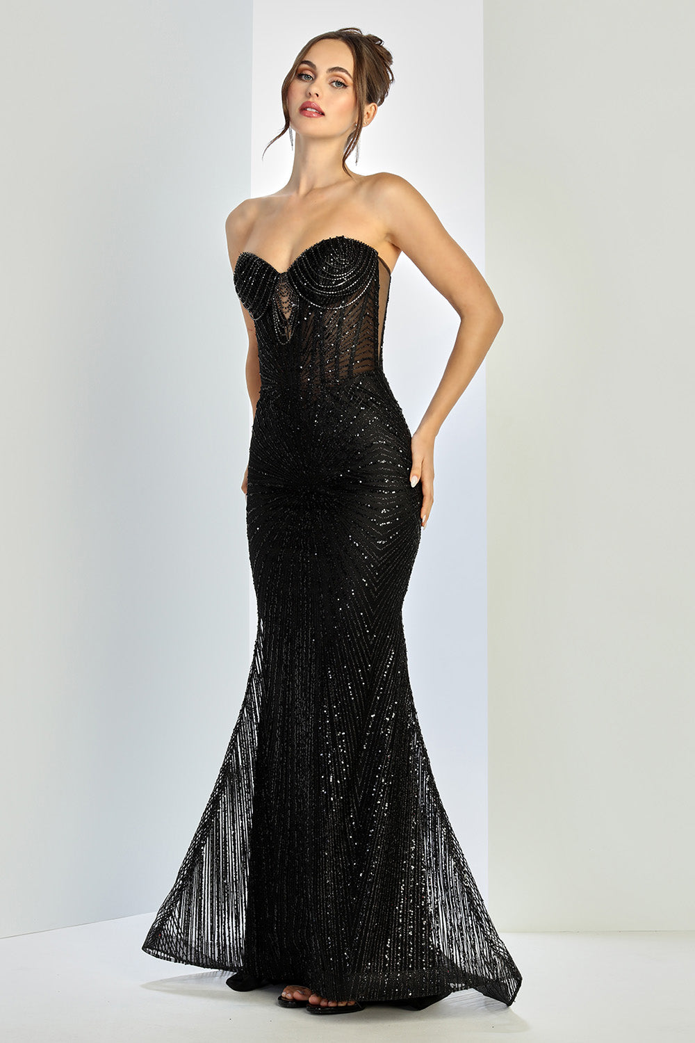 Vestido Corte Sirena con Detalles Brillosos sin hobros (Varios Colores)