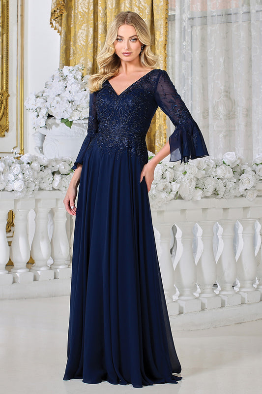 Vestido con Mangas y Escote en V Bordado de Core en A (Varios Colores)
