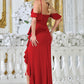 Vestido con Hombros Descubiertos y Aplicaciones de Cuentas en Corpiño con Diseño de Olán en Caída en Falda, Colores Red y Sage
