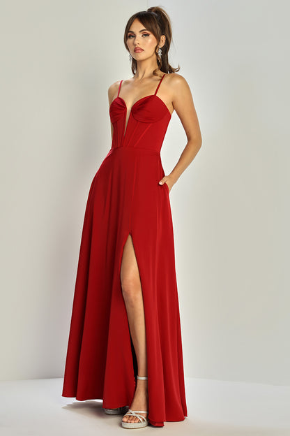 Vestido de satén en línea A con abertura en la pierna y con tirantes (Varios Colores)