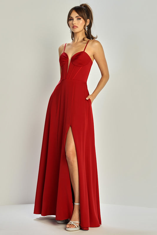 Vestido de satén en línea A con abertura en la pierna y con tirantes (Varios Colores)