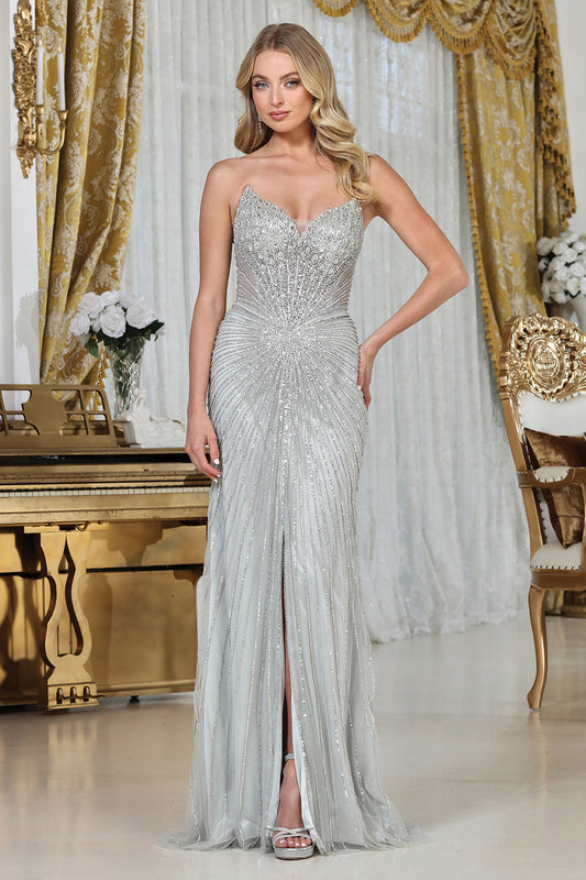 Vestido Corte Recto Bordado con Abertura al Frente y Escote de Corazón (Varios Colores)
