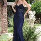 Vestido Corte Sirena con Escote de Corazón y Aplicaciones con Brillos, Colores Navy y Mocha Gold