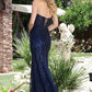 Vestido Corte Sirena con Escote de Corazón y Aplicaciones con Brillos, Colores Navy y Mocha Gold