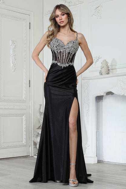 Vestido Entallado Con Corpiño Bordado, Tirantes y Escote de Corazón, con Drapeado en Cintura y Abertura en la Pierna (Varios Clores)