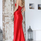Vestido de Satén Corte Sirena Abertura en la Pierna y Con Cintas Ajustables en la Espalda, Colores Red y Emerald