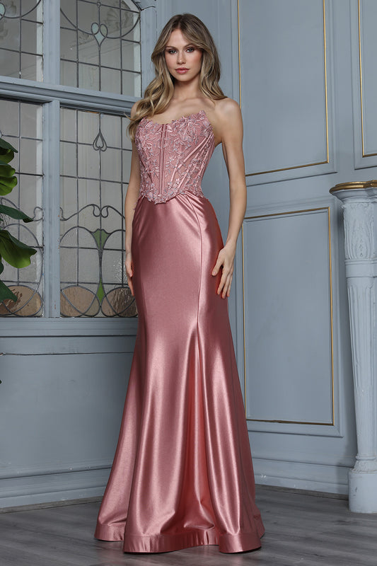 Vestido Corte recto Strapples con decoracion de Encaje y con Espalda con Cintas Ajustables (Dos Colores)