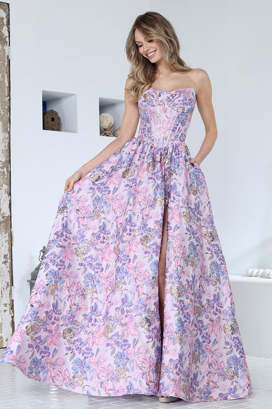Vestido Corte en A con Detalles de flores y Abertura en la Pierna ( Varios Colores)