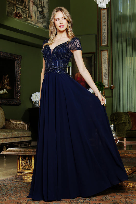 Vestido en Corte A, con Escote en V y Corpiño Bordado con Manga Corta, Colores Burgundy y Navy