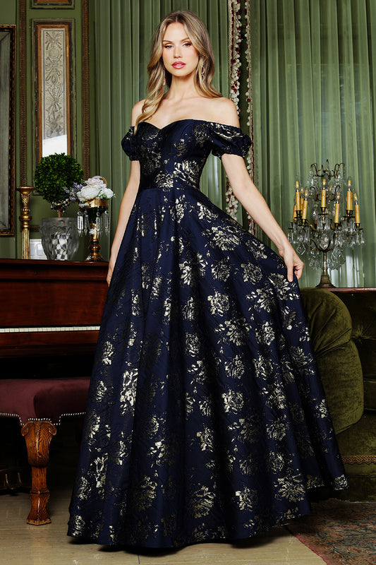 Vestido en Corte A, con Estampado Floral, Hombros Descubiertos y Cintas en la Espalda, Color Navy Print