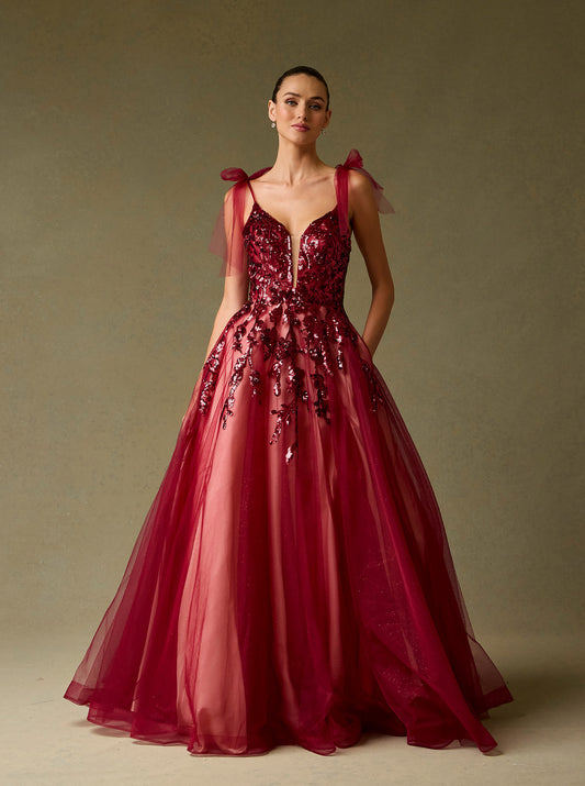 Vestido de Noche Línea A Con Escote Corazón, bolsillo laterales y cordones en la Espalda Color Burgundy Nude