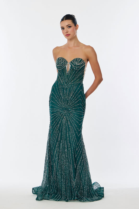 Vestido Corte Sirena con Escote de Corazón Bordado con Cristales, Lentejuelas y Cuentas, Color Hunter Green y Sage