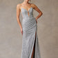 Vestido Estrapless con Abertura en la Pierna de Tul Bordado con Brillos y Lentejuelas, Color SIlver