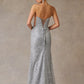 Vestido Estrapless con Abertura en la Pierna de Tul Bordado con Brillos y Lentejuelas, Color SIlver
