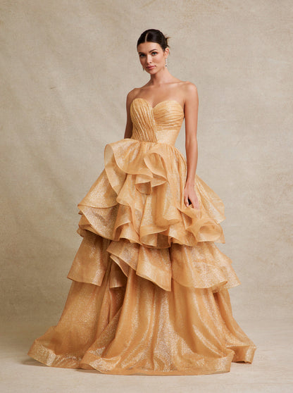 Vestido de Fiesta de Tul Brilloso con Falda Desmontable, Colores Gold y Silver