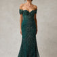 Vestido de Tul  con Aplicaciones en Cuentas, Lentejuelas y Cristales, con Escote Corazón, Color Hunter Green