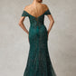 Vestido de Tul  con Aplicaciones en Cuentas, Lentejuelas y Cristales, con Escote Corazón, Color Hunter Green