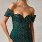 Vestido de Tul  con Aplicaciones en Cuentas, Lentejuelas y Cristales, con Escote Corazón, Color Hunter Green