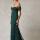 Vestido de Tul  con Aplicaciones en Cuentas, Lentejuelas y Cristales, con Escote Corazón, Color Hunter Green