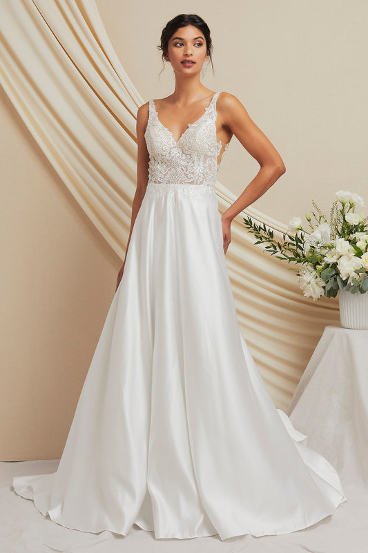 Vestido de Novia en Corte A con Tirantes, Escote en V  con Encaje en la Parte Superior Color Off White