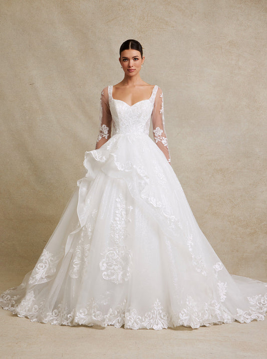 Vestido de Novia de Tul Bordado, Falda con Olanes y Manga Larga, Color Off White