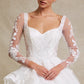 Vestido de Novia de Tul Bordado, Falda con Olanes y Manga Larga, Color Off White