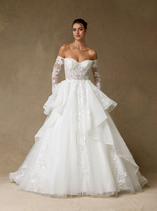 Vestido de Novia de Tul y Encaje Bordado con Lentejuelas con Hombros Descubiertos, Color Off White